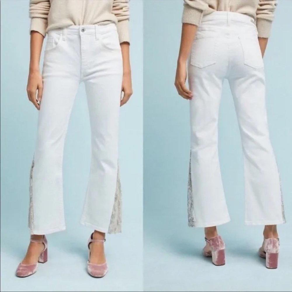 Anthropologie Pilcro and the Letterpress High-Rise Sequins Flared Jeans White